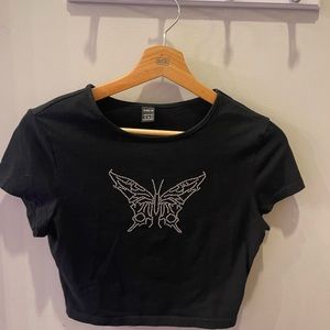 Black crop top with crystal butterfly